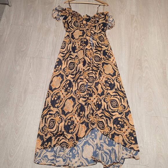 AKIRA Women's Black and Yellow Maxi Dress Ruffle sleeve flirty baroque print - Picture 1 of 4